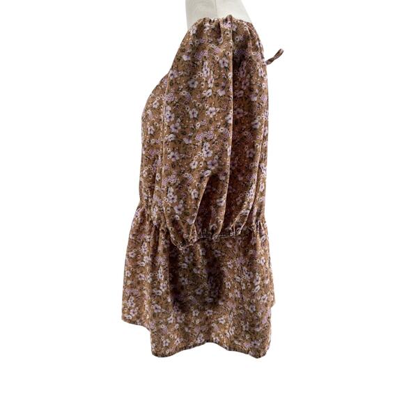 3rd & Malt Women's Tan Floral Short Sleeve Tie Back Blouse Size 2XL - Picture 2 of 5